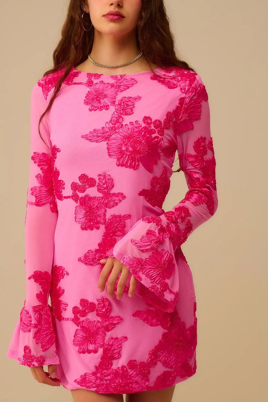 fuchsia chiffon mini dress with floral brocade - Dresses