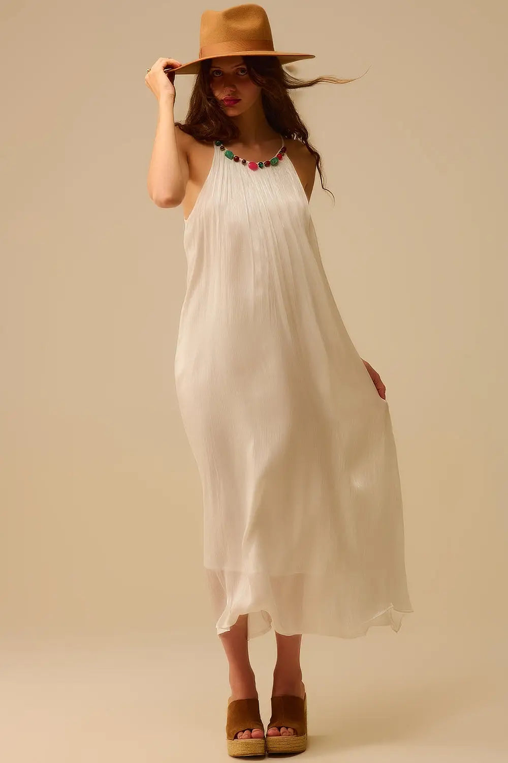White Pleated Halter long Dress with Beaded Neckline - Dresses