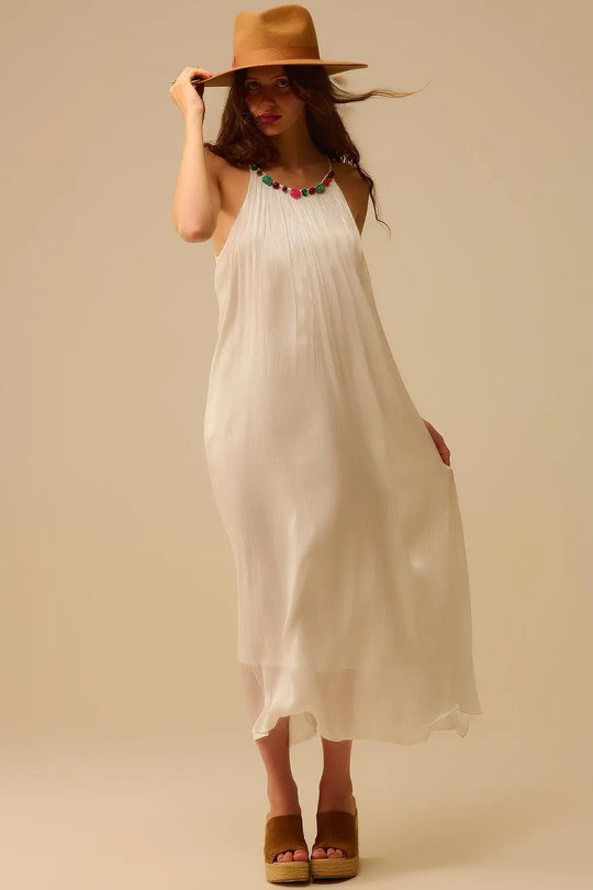White Pleated Halter long Dress with Beaded Neckline - Dresses