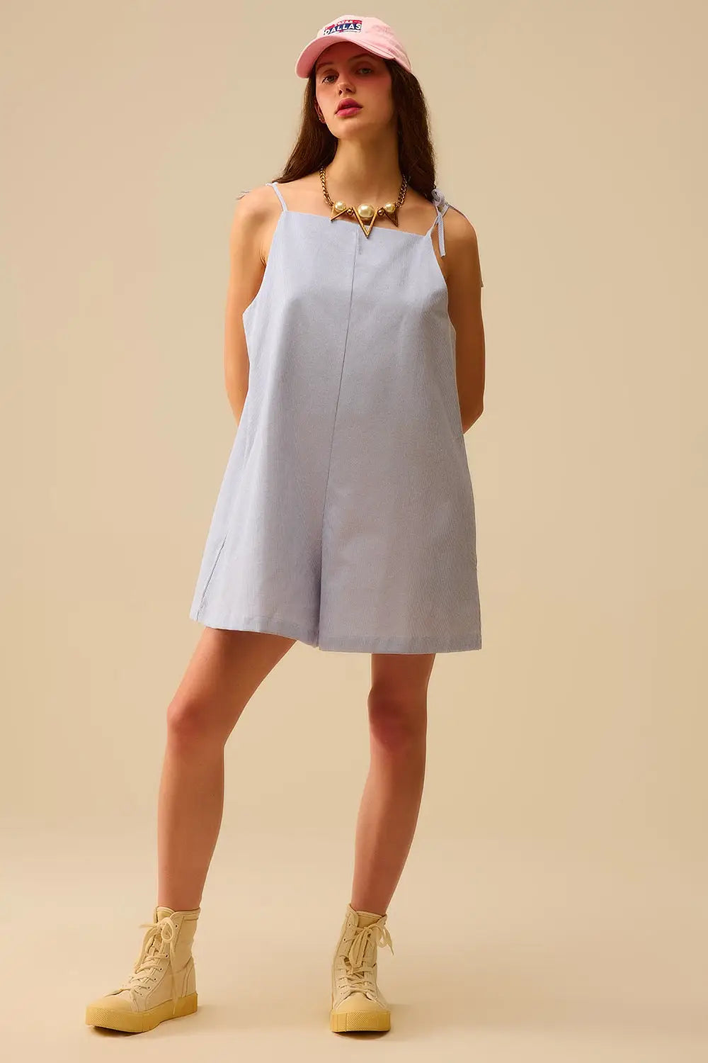blue striped playsuit with shoulder ties and back pocket detail - Dresses