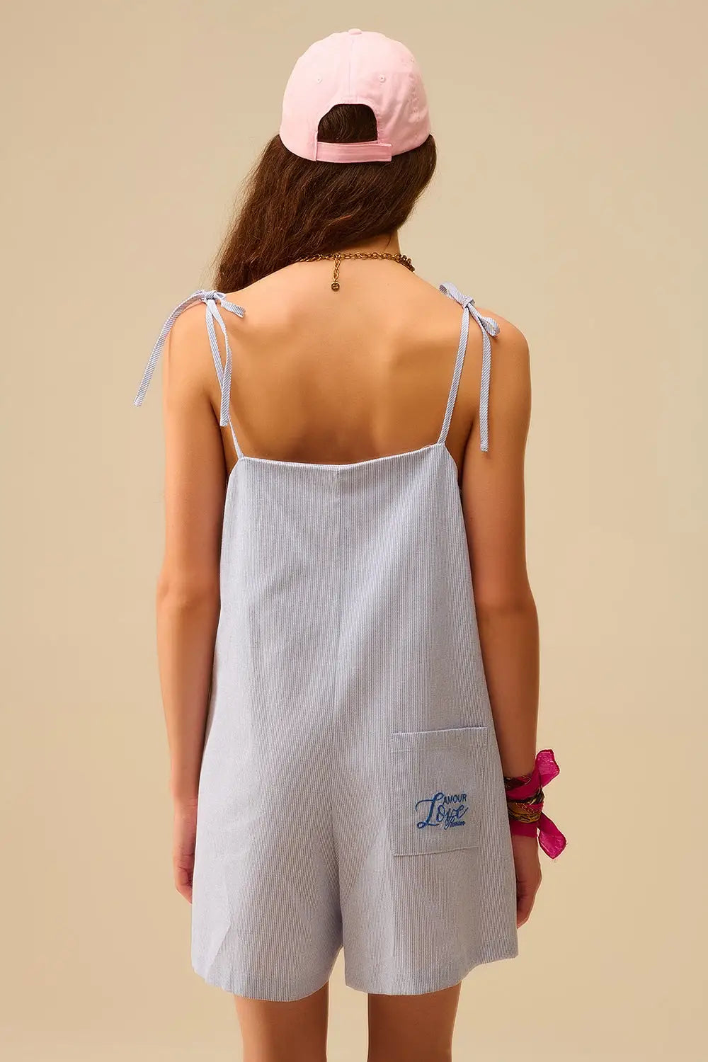 blue striped playsuit with shoulder ties and back pocket detail - Dresses