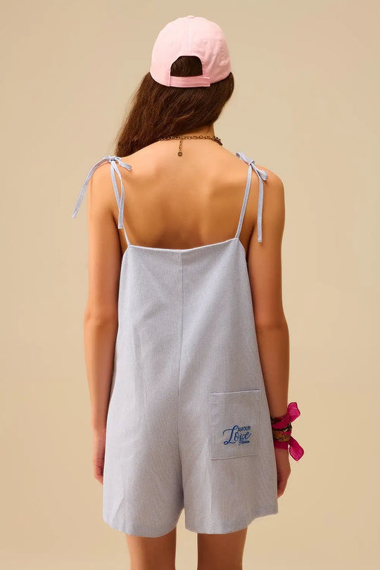 blue striped playsuit with shoulder ties and back pocket detail - Dresses
