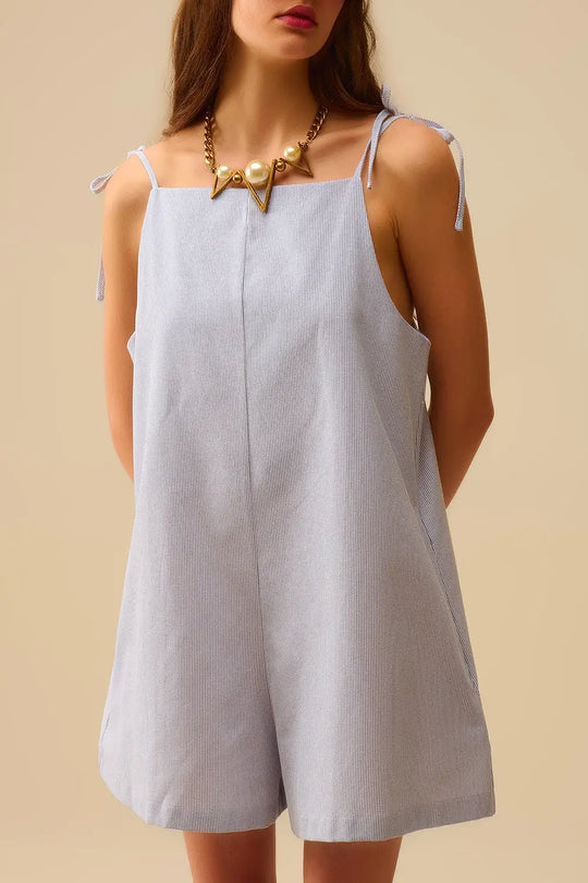 blue striped playsuit with shoulder ties and back pocket detail - Dresses