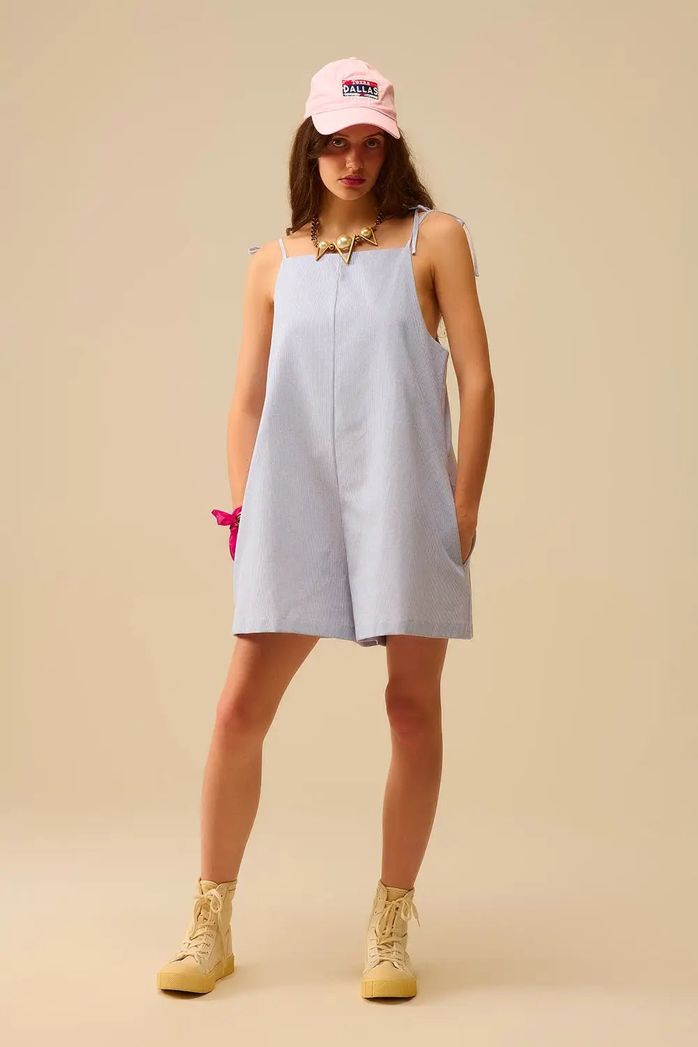 blue striped playsuit with shoulder ties and back pocket detail - Dresses