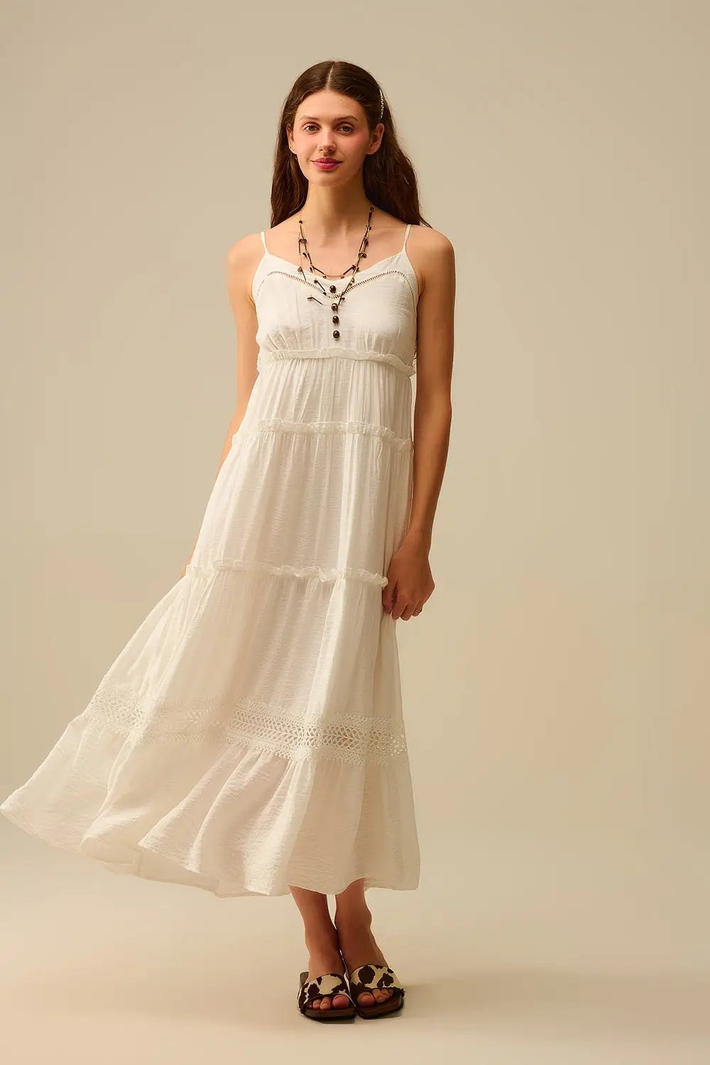Tiered Maxi Dress with Lace Inserts in White - Dresses