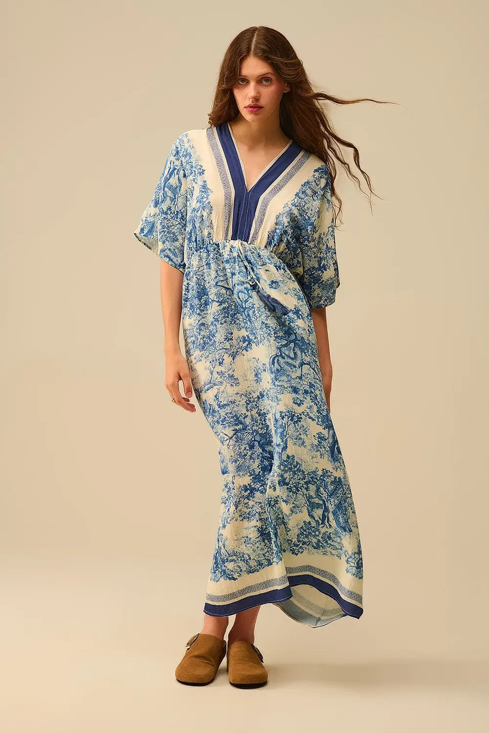 Flowy V-neck Dress with Toile de Jouy Print - Dresses