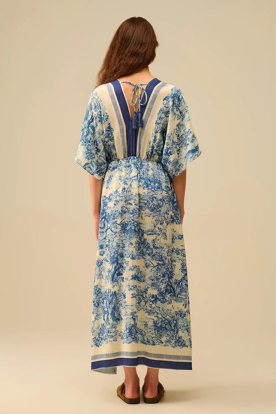 Flowy V-neck Dress with Toile de Jouy Print - Dresses