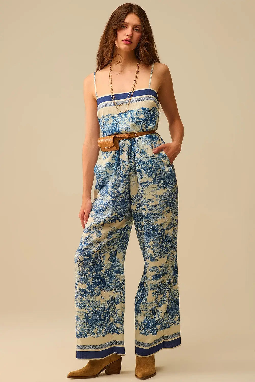 Toile de Jouy Print Jumpsuit with Thin Straps - Jumpsuits