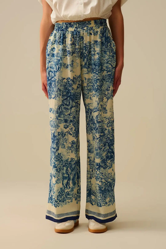 Flowy Toile de Jouy Printed Trousers with Elastic Waist - Pants