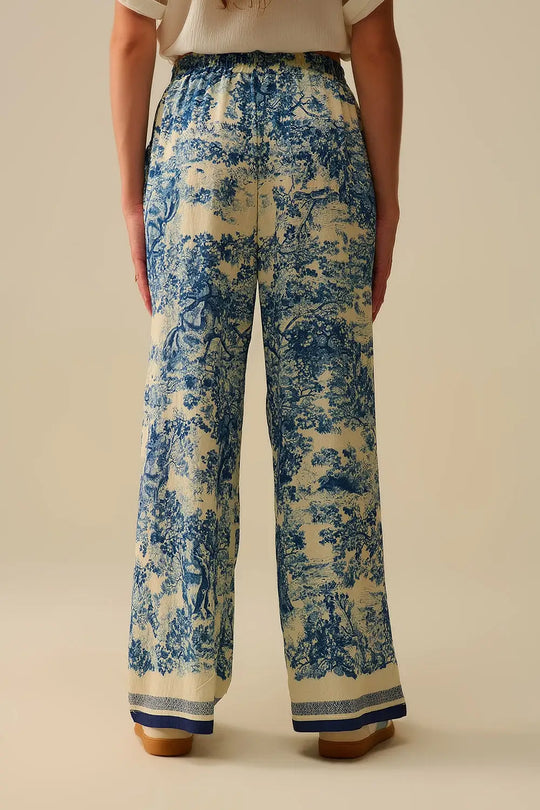 Flowy Toile de Jouy Printed Trousers with Elastic Waist - Pants