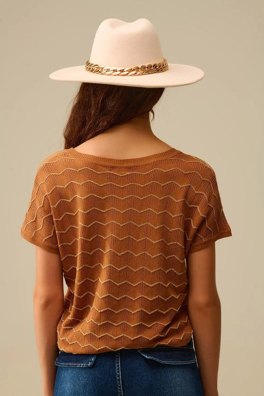 Zigzag V-Neck Knit sweater with dropped sleeves in Brown - BROWN / ONE - Sweaters