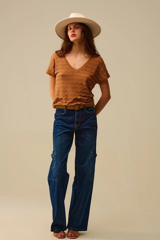 Zigzag V-Neck Knit sweater with dropped sleeves in Brown - BROWN / ONE - Sweaters