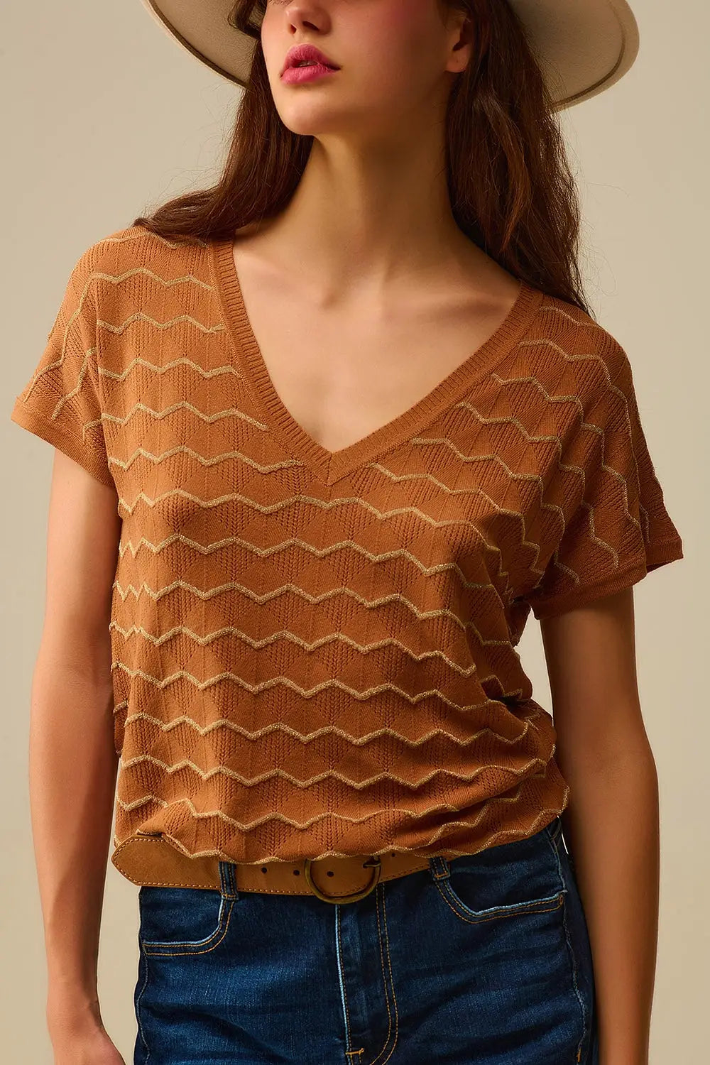 Zigzag V-Neck Knit sweater with dropped sleeves in Brown - BROWN / ONE - Sweaters