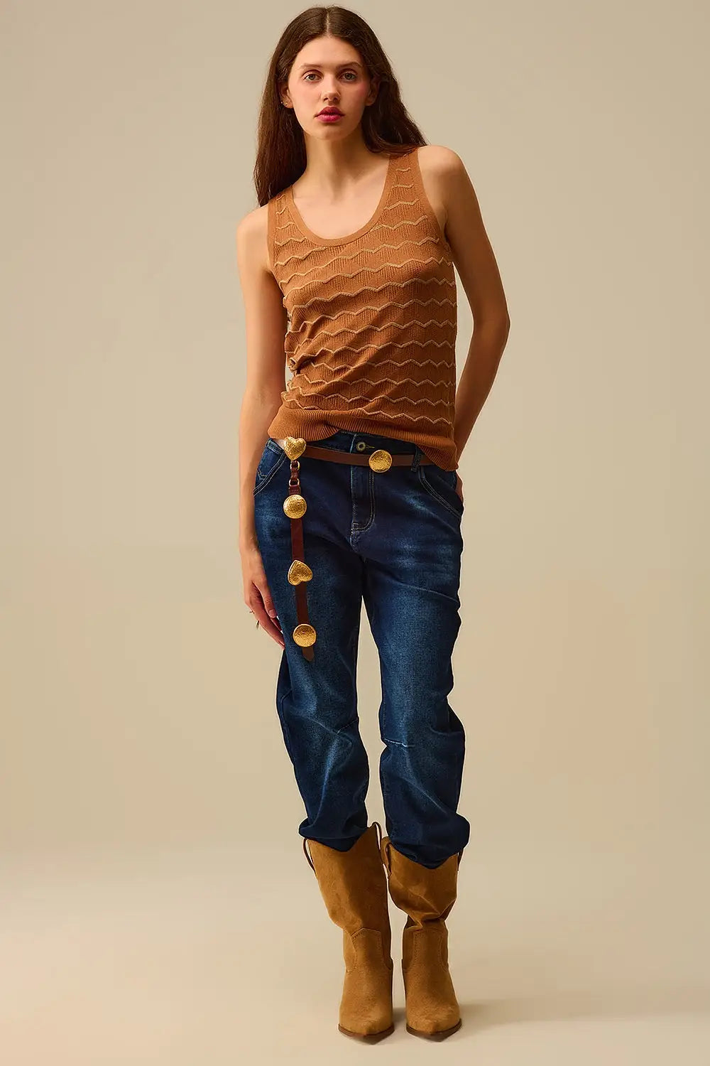Knitted sweater with Golden Zigzag Pattern - BROWN / ONE - Tops