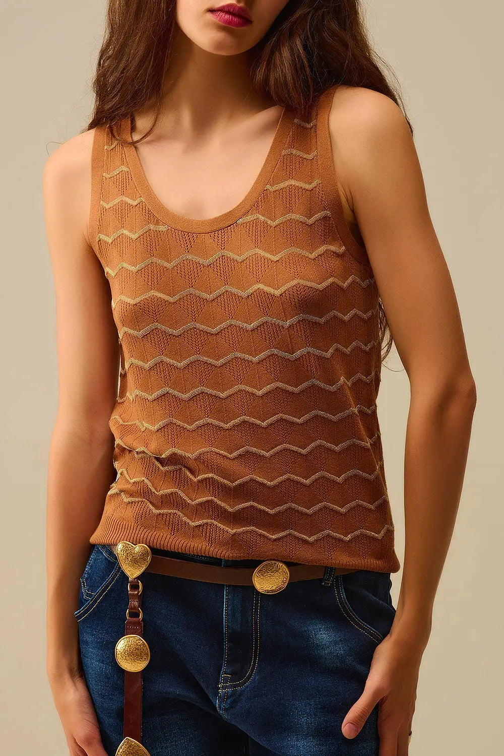 Knitted sweater with Golden Zigzag Pattern - BROWN / ONE - Tops