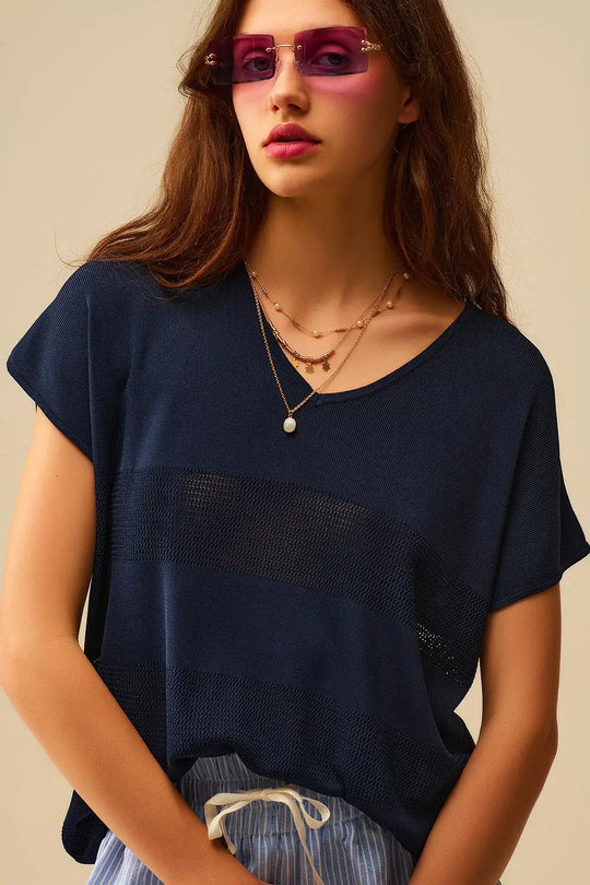 Navy Striped Texture Knit sweater - NAVY / ONE - Sweaters