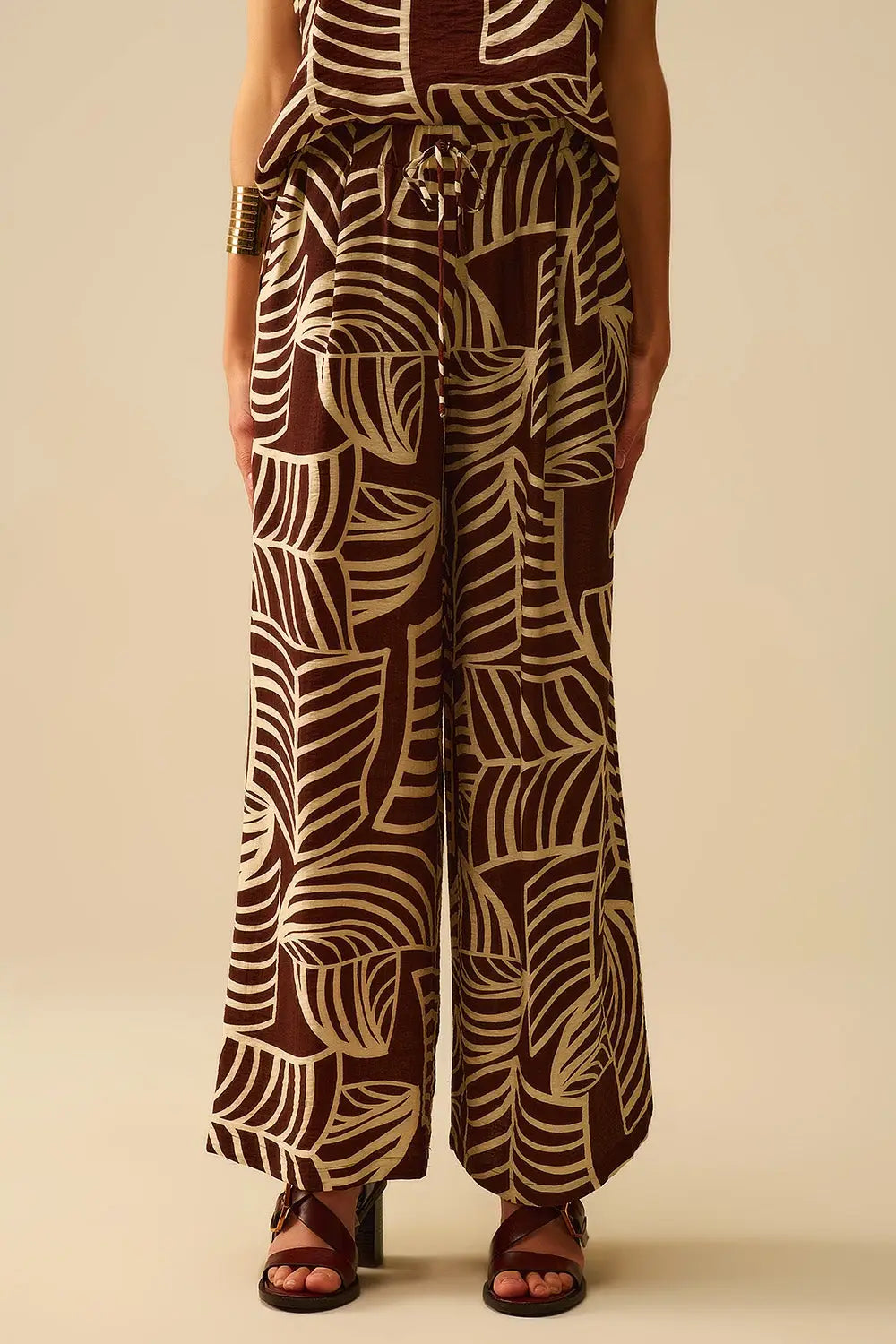 Brown Wide Leg Trousers with White Leaf Print - Pants