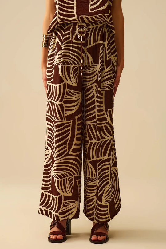 Brown Wide Leg Trousers with White Leaf Print - Pants