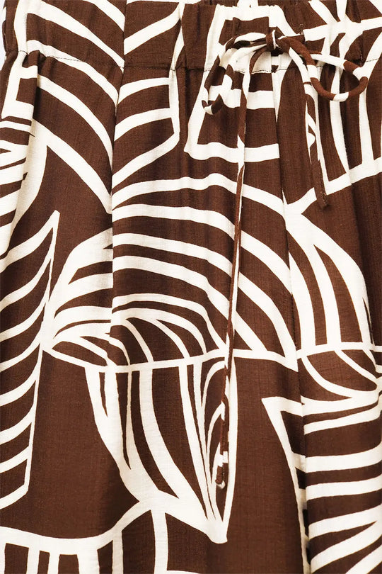 Brown Wide Leg Trousers with White Leaf Print - Pants