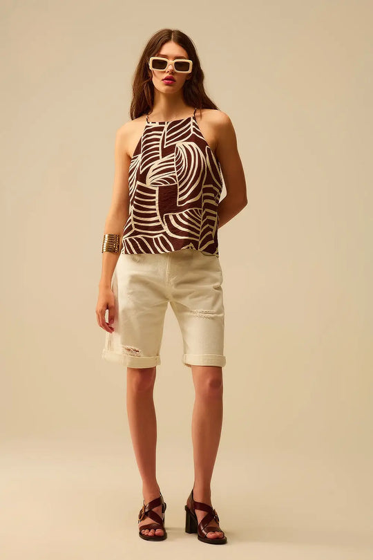 Brown Sleeveless Halter Top with White Leaf Print - Tops