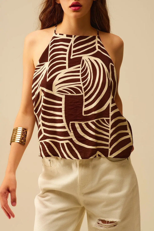 Brown Sleeveless Halter Top with White Leaf Print - Tops