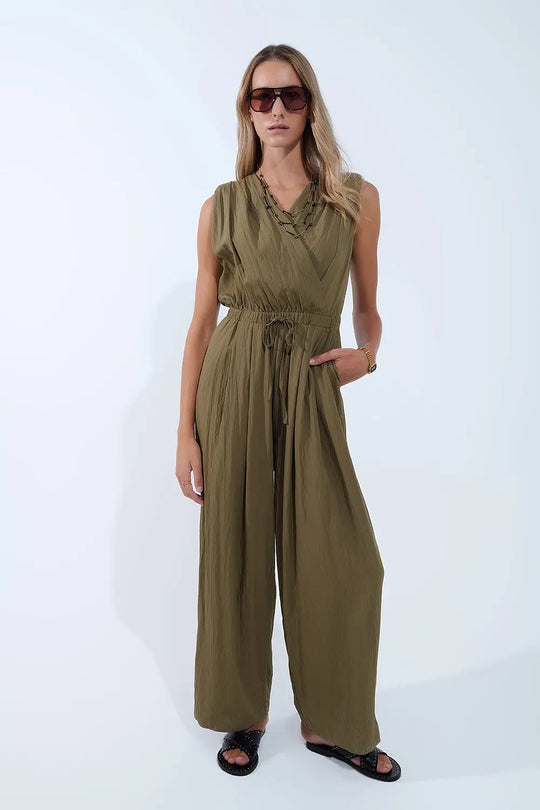 draped olive jumpsuit in crinkled fabric - Jumpsuits