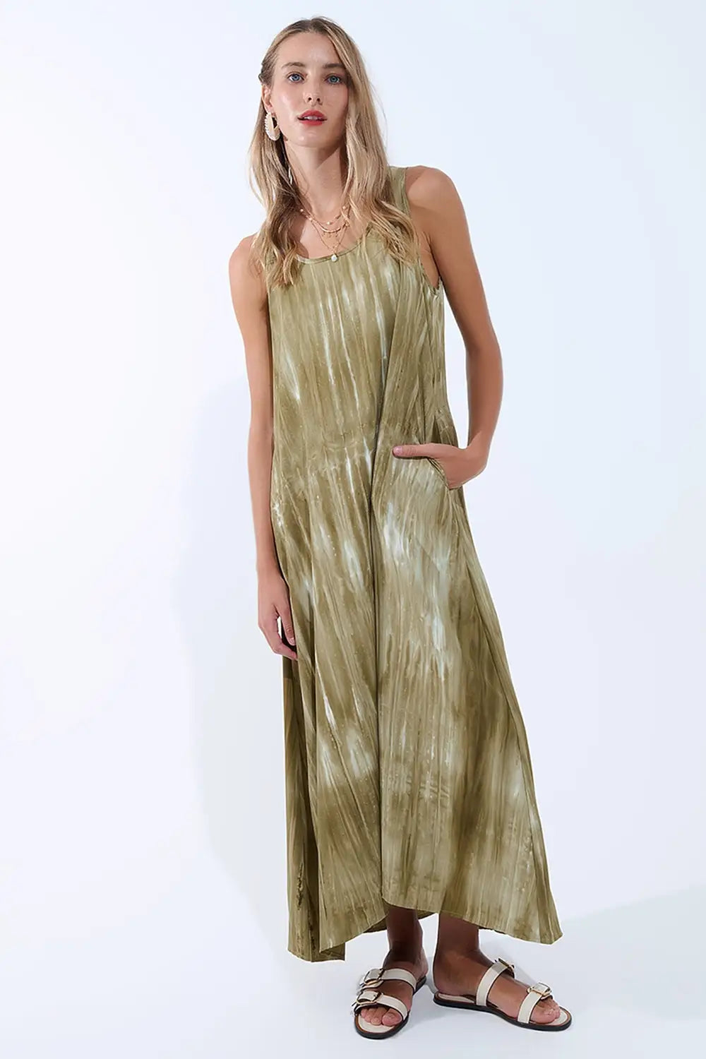 Boho Relaxed Dress in Kakhi Green Tie Dye in high quality fabric - Dresses