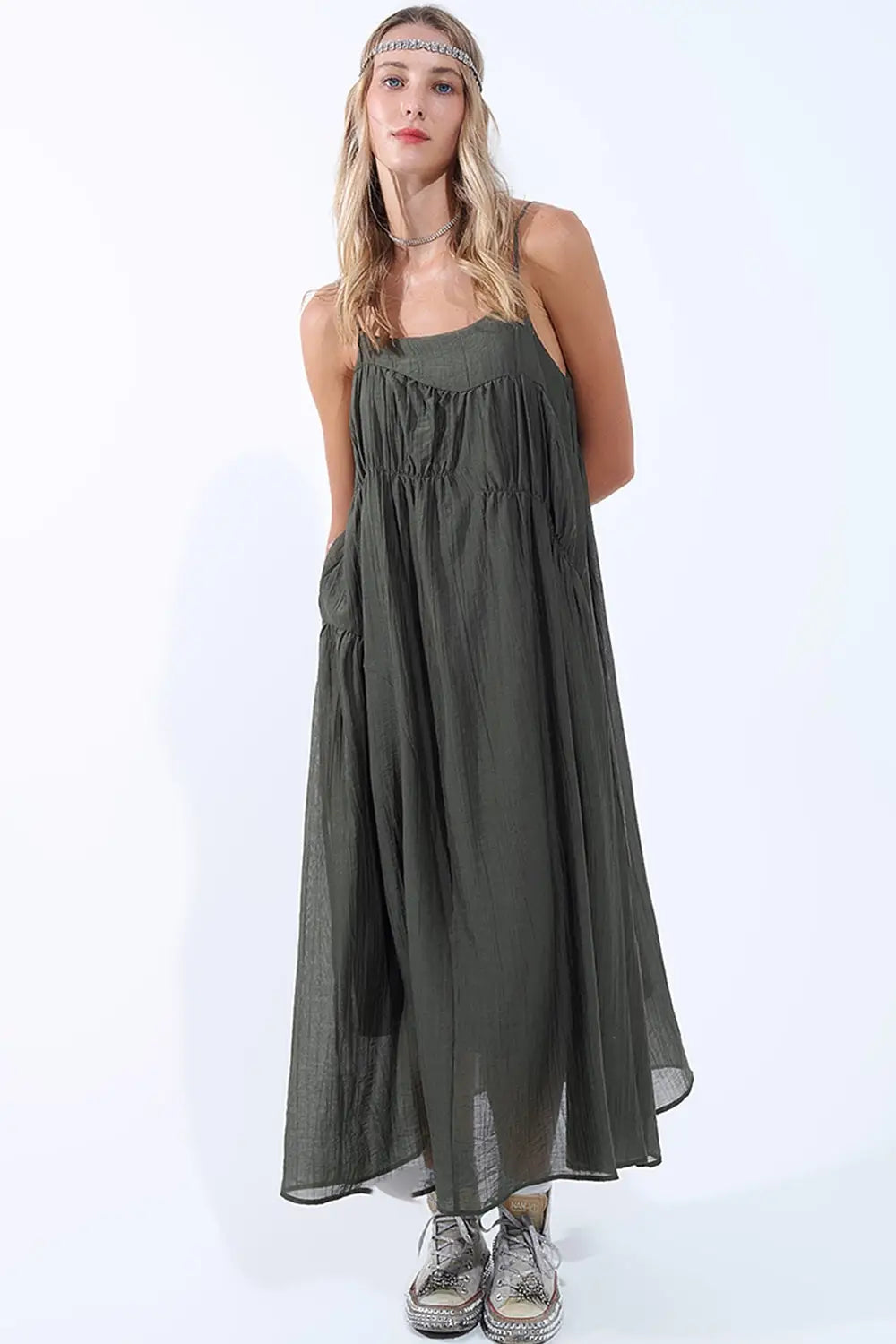 Khaki Midi Dress with Thin Straps and Crinkled Detail - Dresses