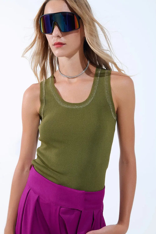 Olive Sleeveless Knit Top with Metallic Trim - KHAKI / ONE - Sweaters