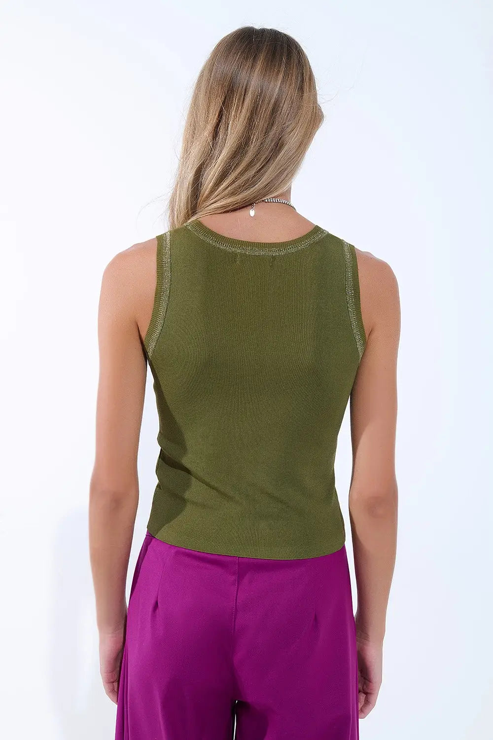 Olive Sleeveless Knit Top with Metallic Trim - KHAKI / ONE - Sweaters
