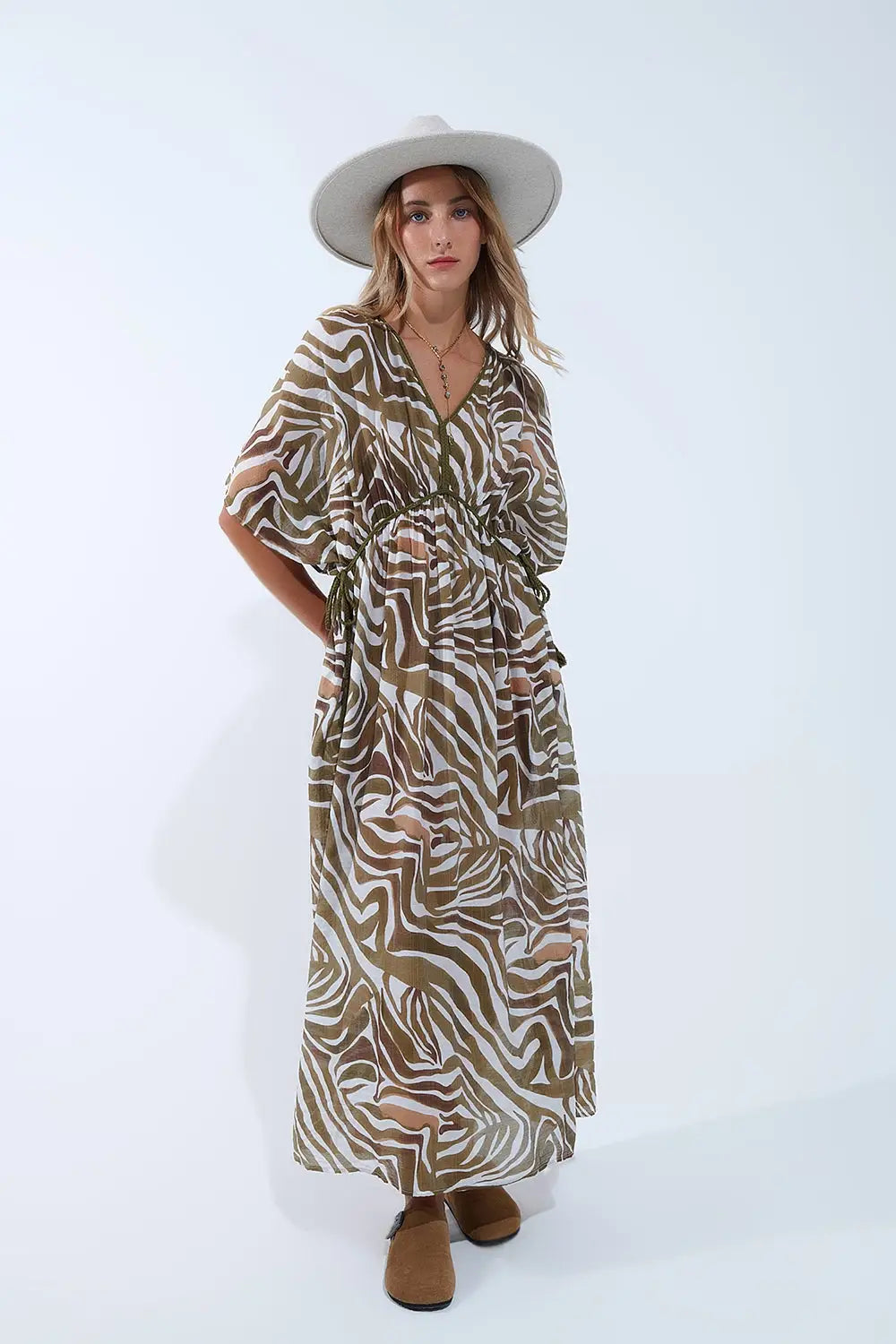 flowy chiffon Khaki Zebra Print Maxi Dress with Drawstring Waist - GREEN / ONE - Dresses