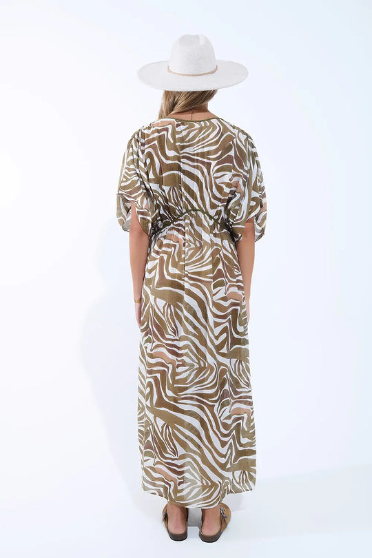 flowy chiffon Khaki Zebra Print Maxi Dress with Drawstring Waist - GREEN / ONE - Dresses