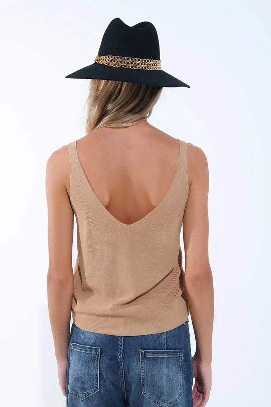 Camel Knit Buttoned Crop Top - CAMEL / ONE - Tops