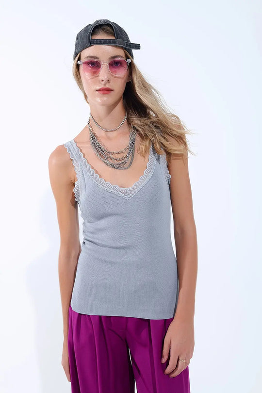 Scoop Neck Lace knitted Trim Tank Top in Grey - GRAY / ONE - Tops