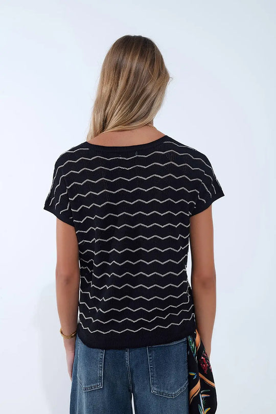 Zigzag V-Neck Knit sweater with dropped sleeves in black - BLACK / ONE - Sweaters