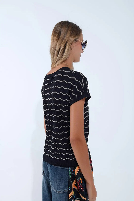Zigzag V-Neck Knit sweater with dropped sleeves in black - BLACK / ONE - Sweaters