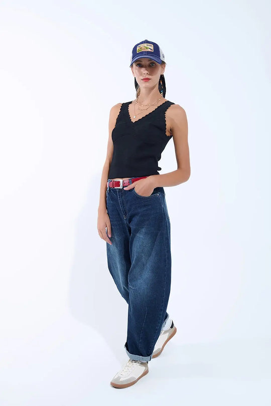 Black Knit V-Neck Top with Scalloped Edges - BLACK / ONE - Tops