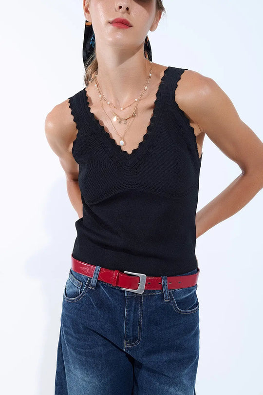Black Knit V-Neck Top with Scalloped Edges - BLACK / ONE - Tops