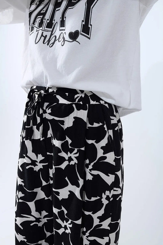 Hawaiian Floral Print Straight Pants in Black and White - Pants