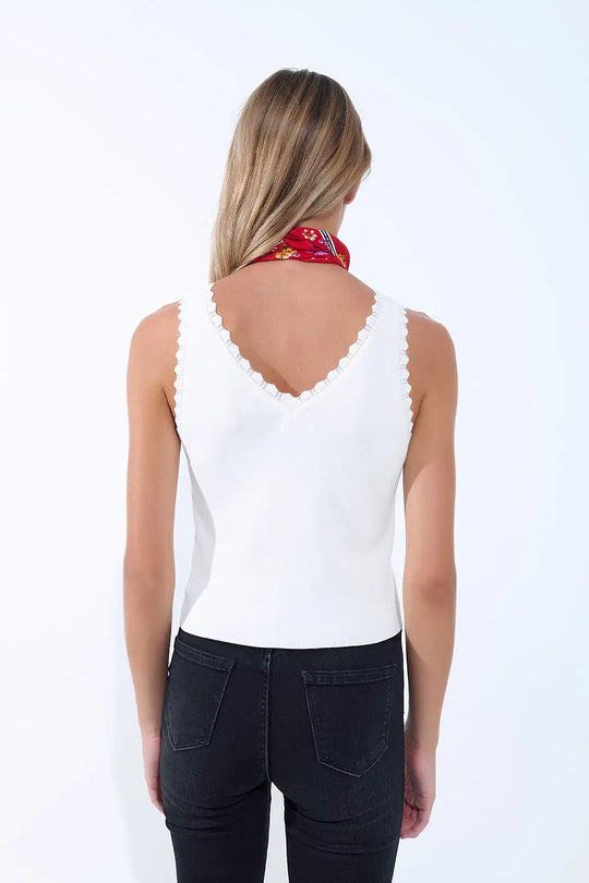White Knit V-Neck Top with Scalloped Edges - WHITE / ONE - Tops