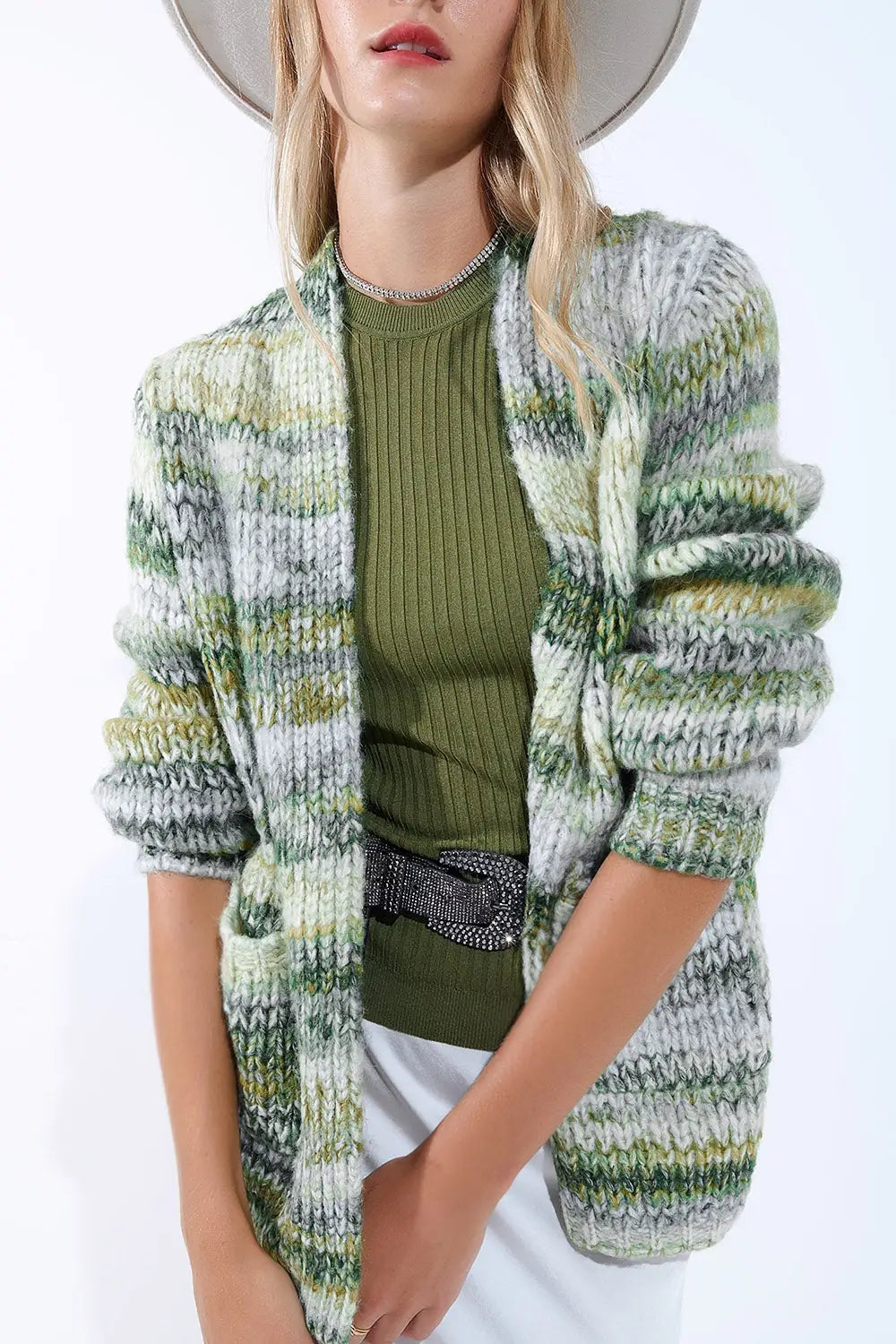 Oversized mottled striped long cardigan with pockets in Green - GREEN / ONE - Cardigans