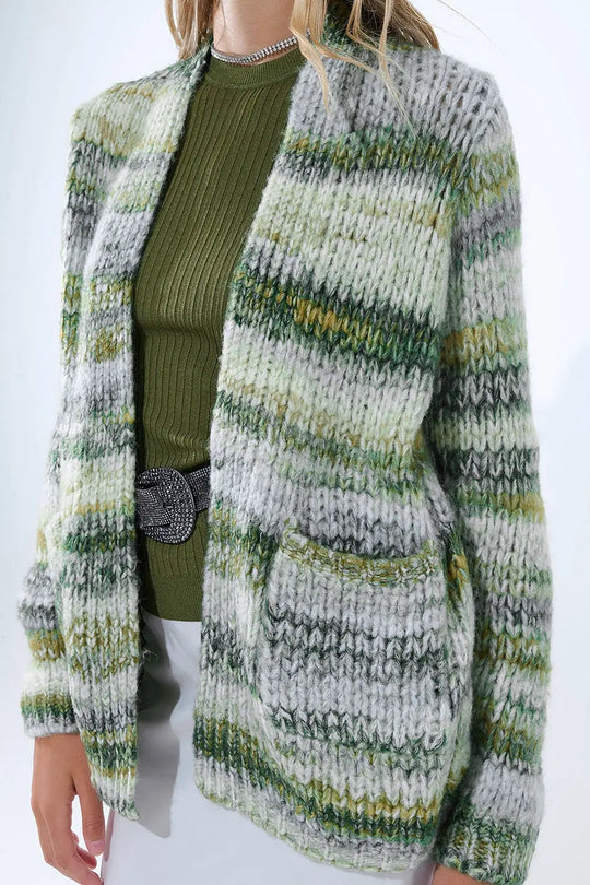 Oversized mottled striped long cardigan with pockets in Green - GREEN / ONE - Cardigans