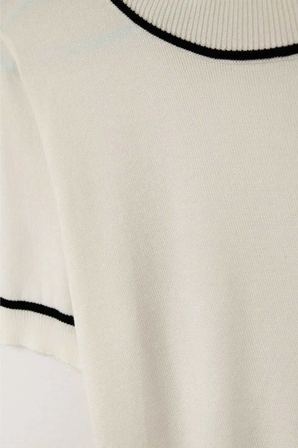 White Short Sleeve Knit Top with Black Contrast Trims - WHITE / ONE - Sweaters
