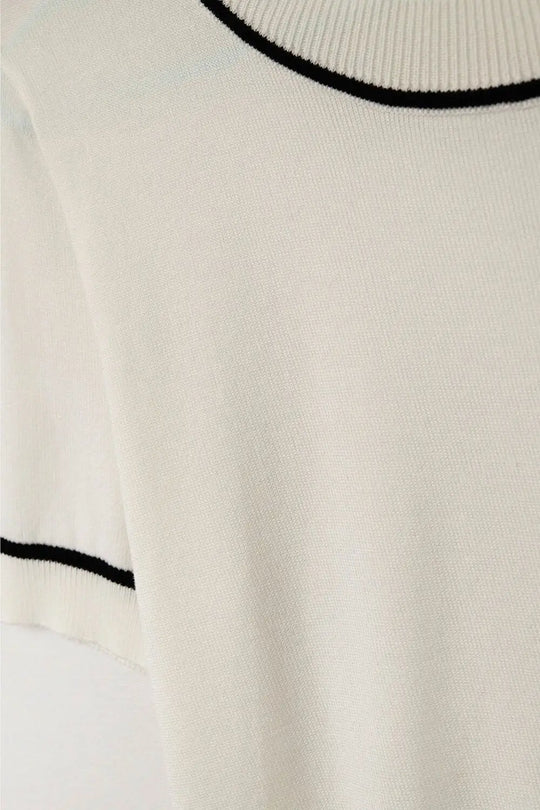 White Short Sleeve Knit Top with Black Contrast Trims - WHITE / ONE - Sweaters