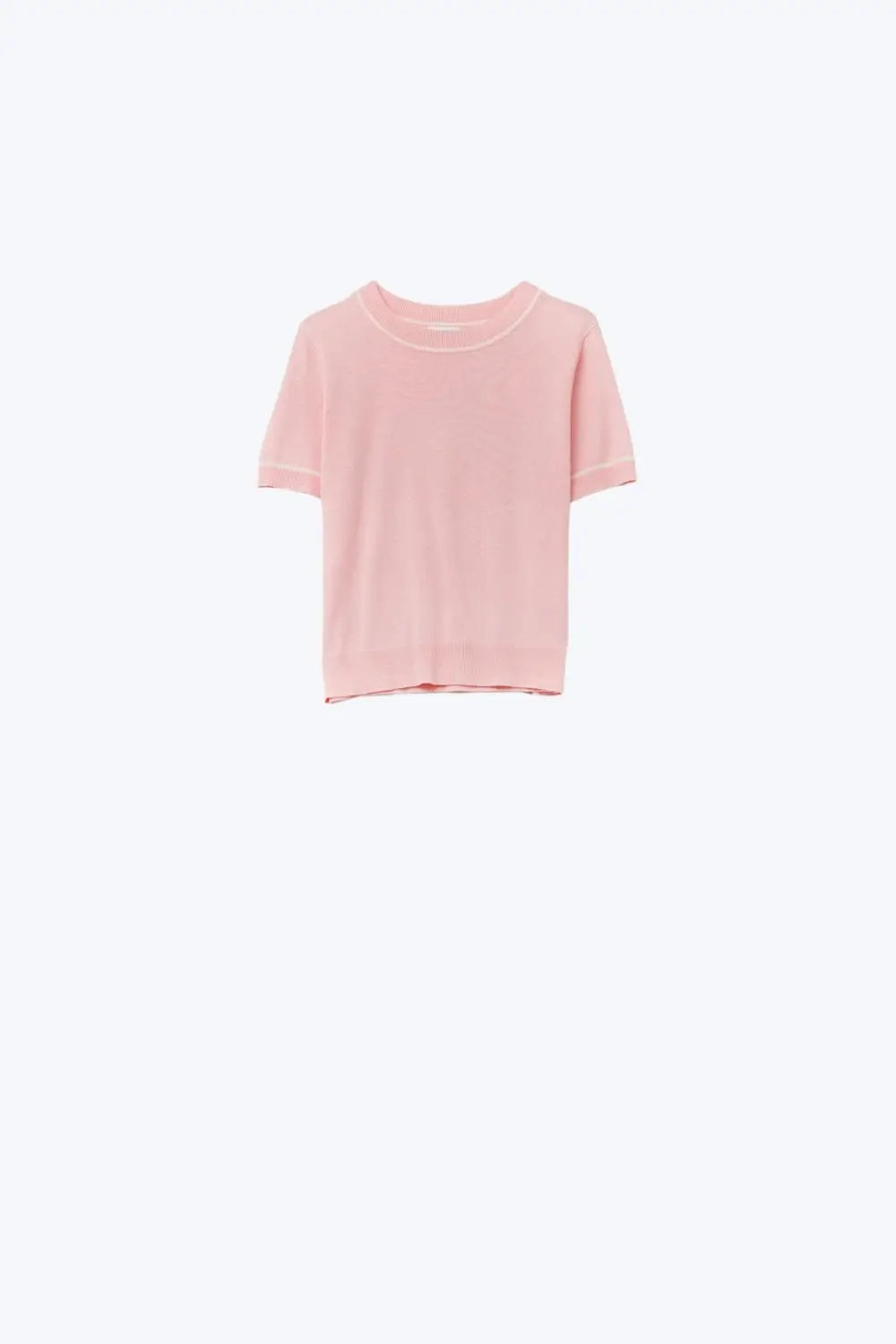 Light Pink Short Sleeve Knit Top with White Contrast Trims - PINK / ONE - Sweaters