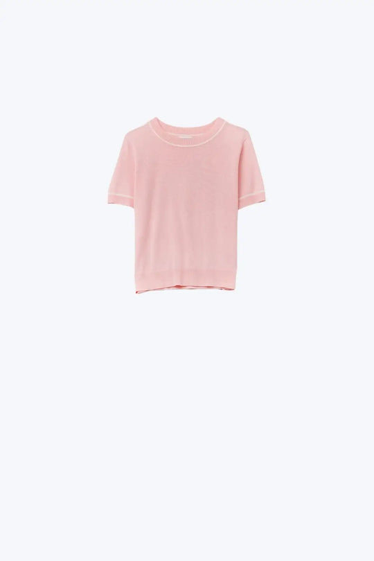 Light Pink Short Sleeve Knit Top with White Contrast Trims - PINK / ONE - Sweaters