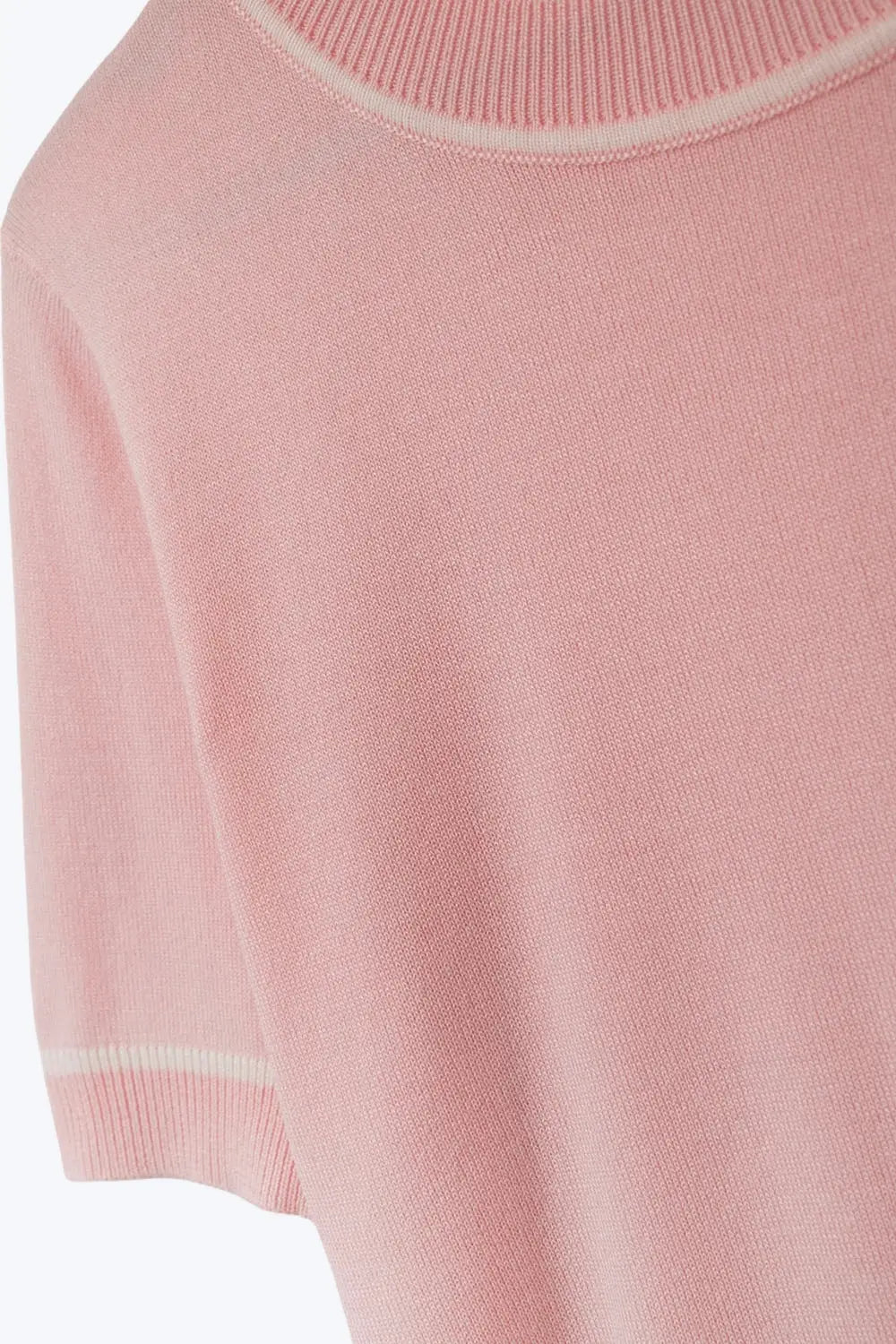 Light Pink Short Sleeve Knit Top with White Contrast Trims - PINK / ONE - Sweaters