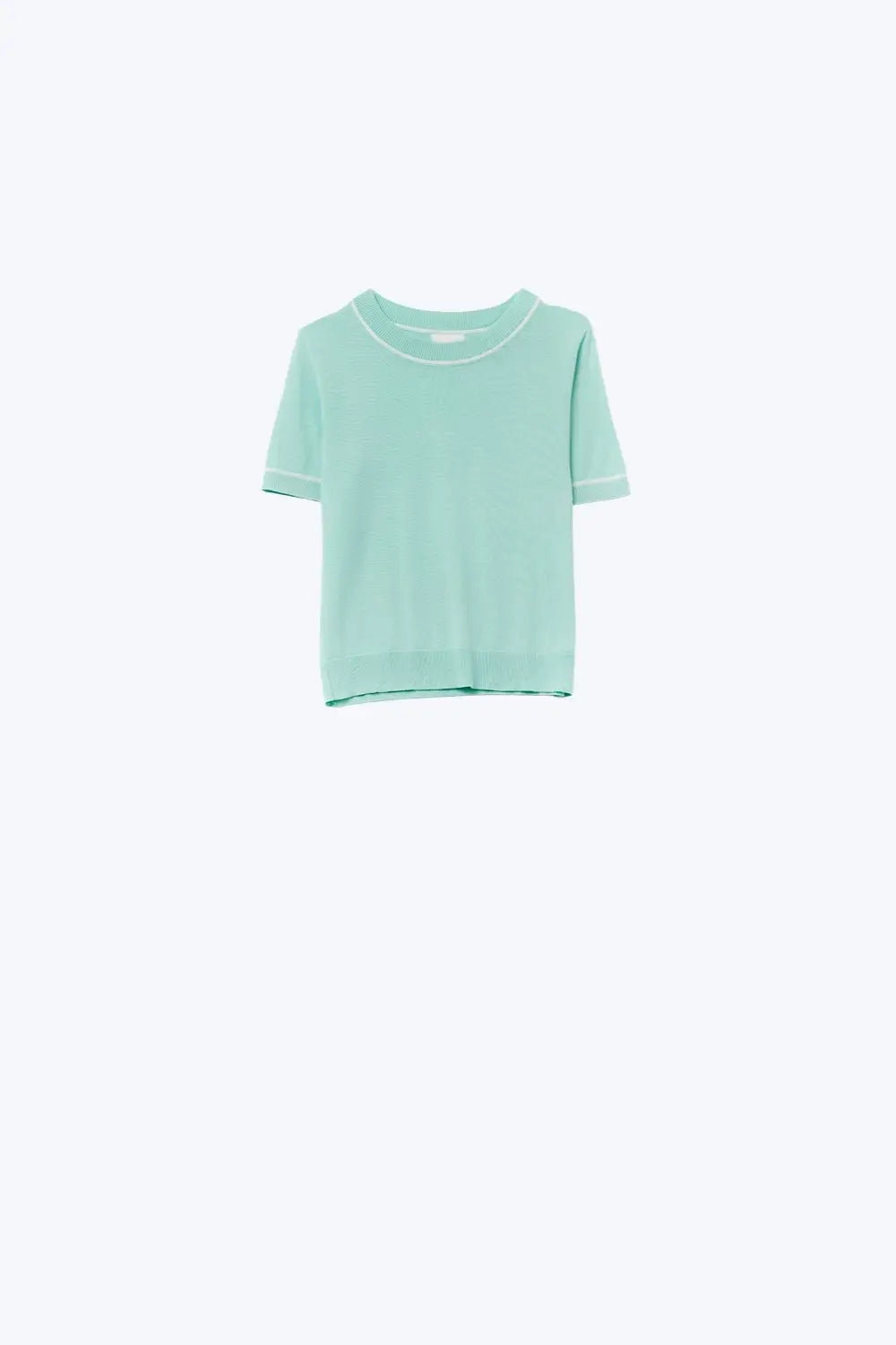 Mint Green Short Sleeve Knit Top with White Contrast Trims - GREEN / ONE - Sweaters