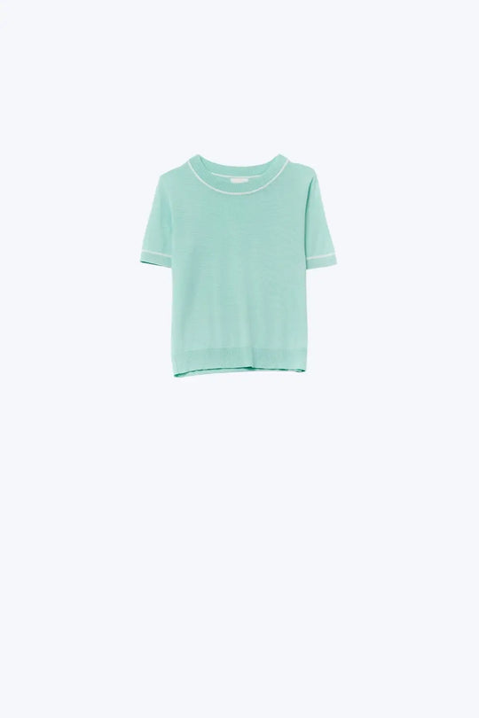 Mint Green Short Sleeve Knit Top with White Contrast Trims - GREEN / ONE - Sweaters
