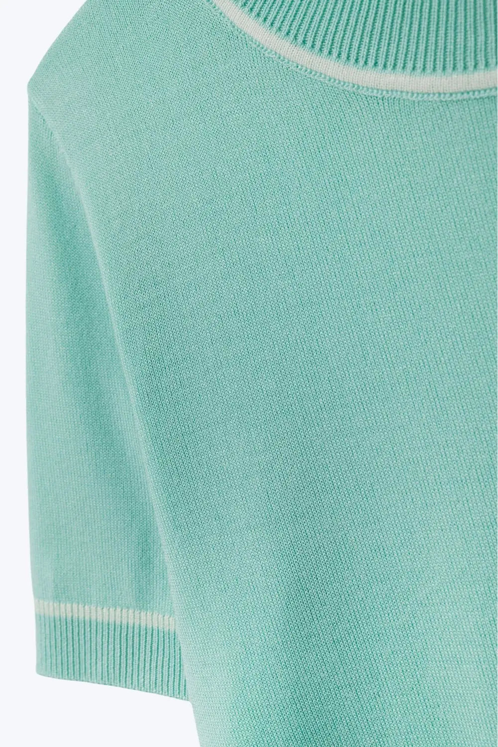 Mint Green Short Sleeve Knit Top with White Contrast Trims - GREEN / ONE - Sweaters